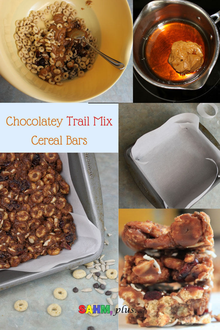 Chocolatey trail mix cereal bars made with O's cereal. These healthy-ish bars are toddler friendly, made without honey. And, it's even fun to get your kids to help you make. These are made gluten free and dairy free. www.sahmplus.com