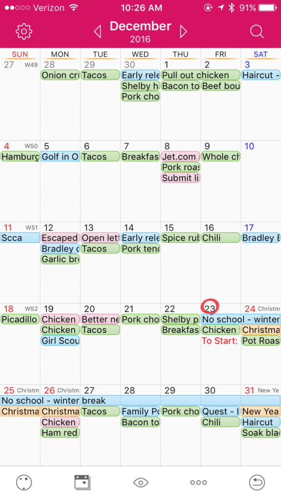 A monthly view of our December family schedule in the Awesome Cal app