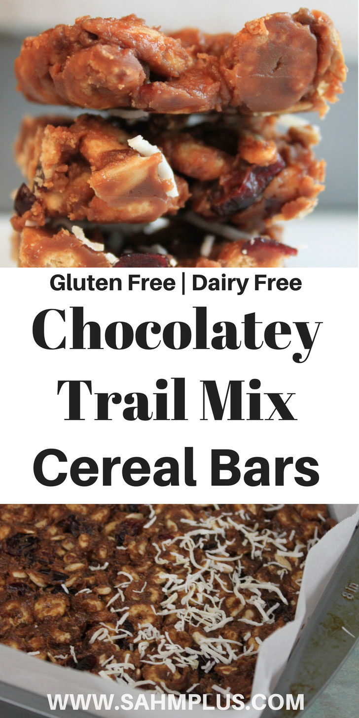 These no-bake chocolatey trail mix cereal bars are amazing! Plus, they're gluten free and dairy free! These make a delicious treat for kids and adults. | www.sahmplus.com