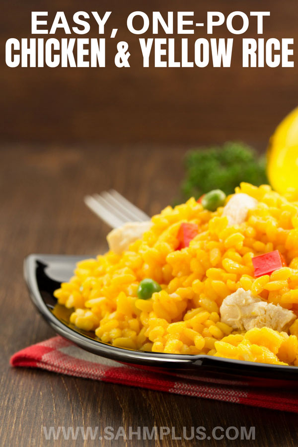 Easy one pot stovetop chicken and yellow rice recipe for busy families. Use roast chicken, Vigo yellow rice, and homemade chicken broth | sahmplus.com