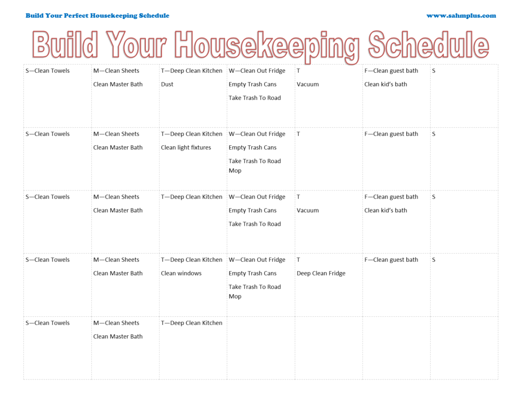 One month housekeeping schedule on paper