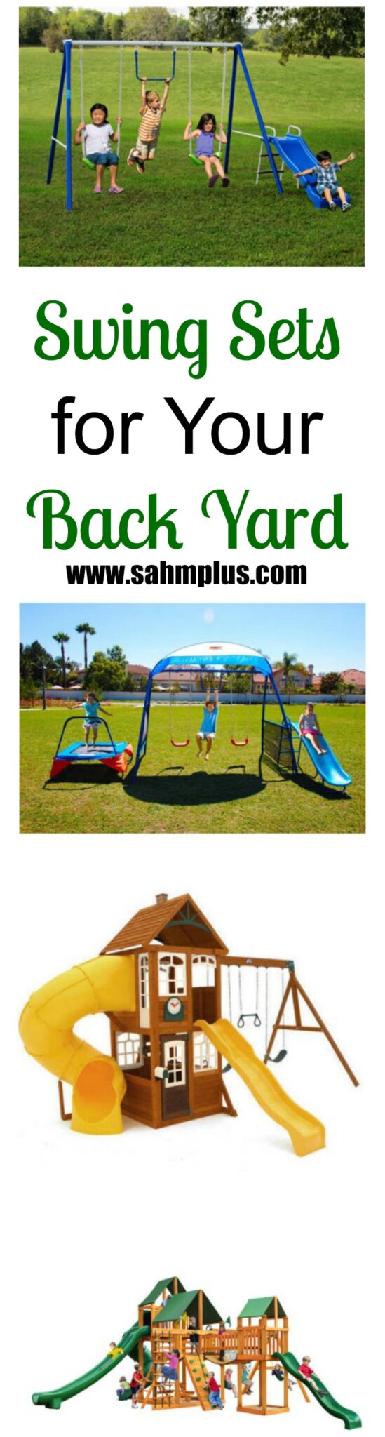 Small to big backyard swing set options sure to please! You can choose small metal swing sets and small swing sets for toddlers or big back yard wooden swing sets!