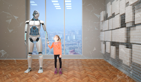 Child holding an AI robot's hand