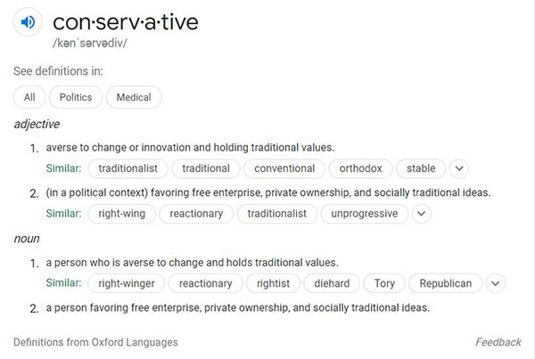 google search snippet - definition of conservative