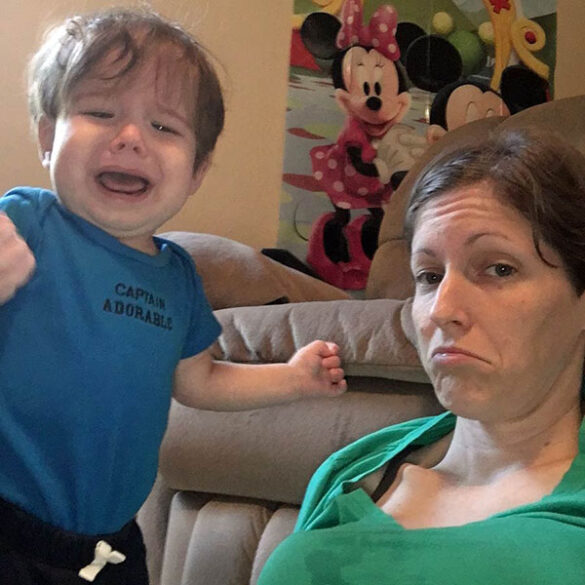 Being a parent sucks - crying son with mom fake pouting.