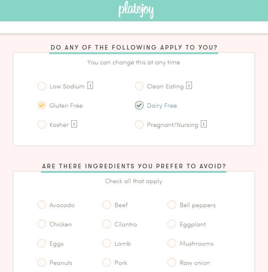 Entering dietary restrictions on PlateJoy meal plans for busy moms
