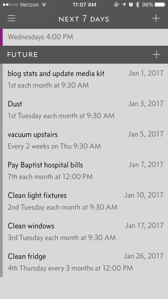 Housekeeping schedule in Due app - future tasks #sahmplus