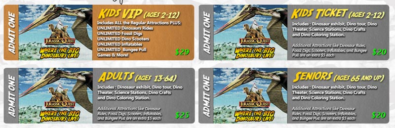 Jurassic Quest ticket prices in jacksonville, FL 2017