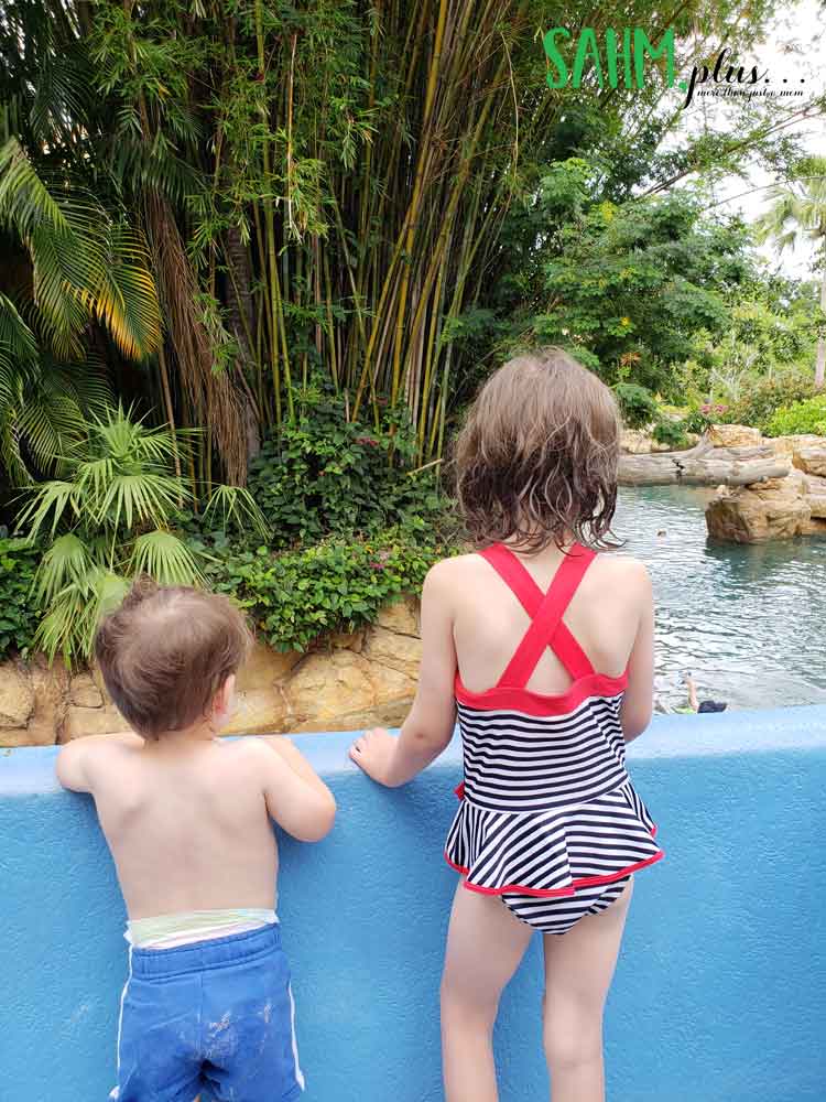 Young children at Discovery Cove watching people in lazy river | sahmplus.com