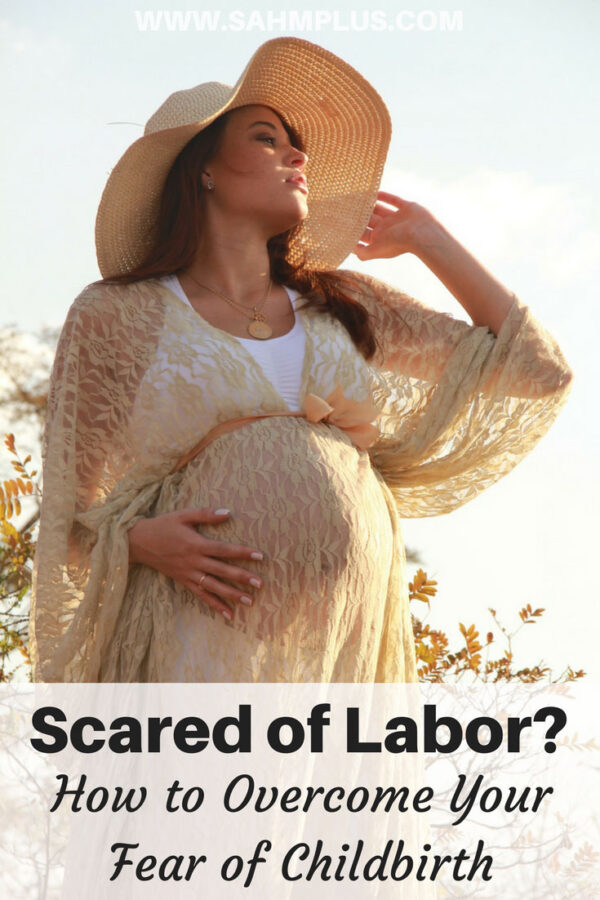 pregnant woman staring into sky -pinterest image for Scared of labor? Tips to help overcome fear of childbirth from a mom who did it without drugs twice! | www.sahmplus.com