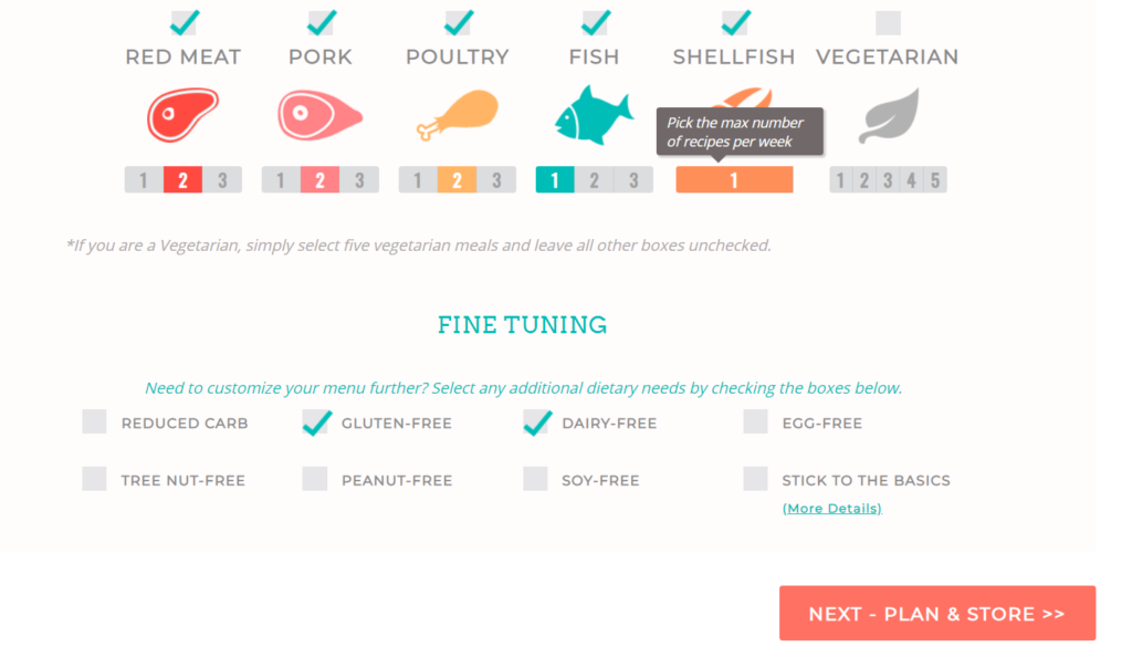 The Dinner Daily setting up food preferences and fine tuning