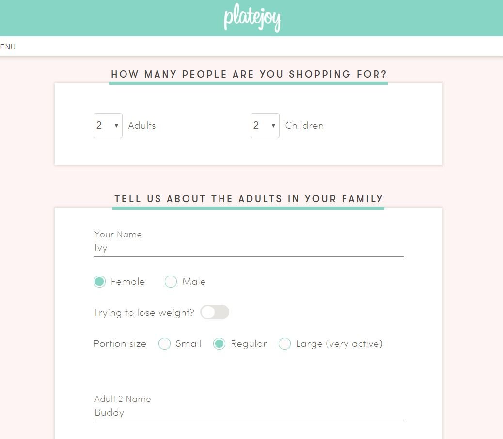 Entering family members names and portion sizes in PlateJoy | sahmplus.com