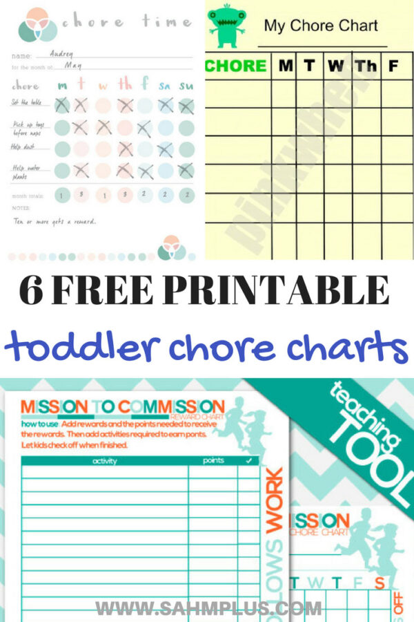6 free toddler chore chart printables. Easily start your toddler on chores with one of these toddler chore charts. | www.sahmplus.com