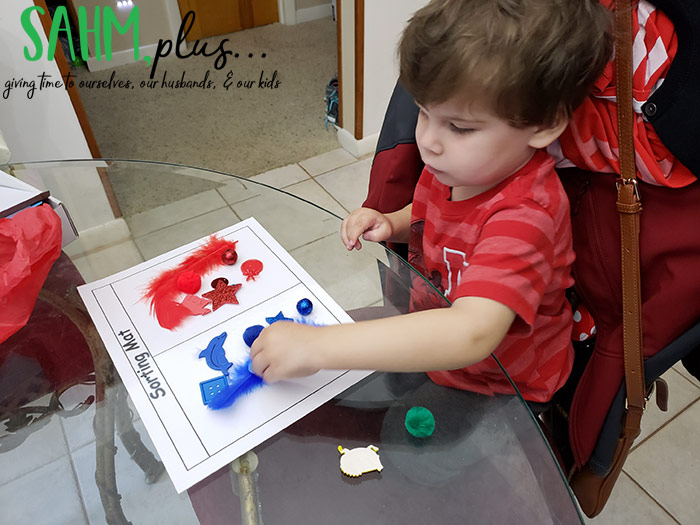 Red and blue sorting activity with The Preschool Box