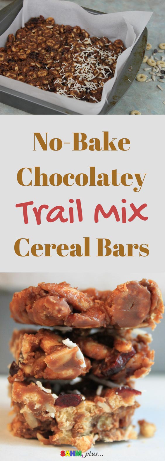 No bake chocolatey trail mix cereal bars. Made with gluten free O's cereal. And, no honey, so it's perfect for your toddler to enjoy. Gluten free dairy free trail mix cereal bars are a perfect after school treat. via www.sahmplus.com