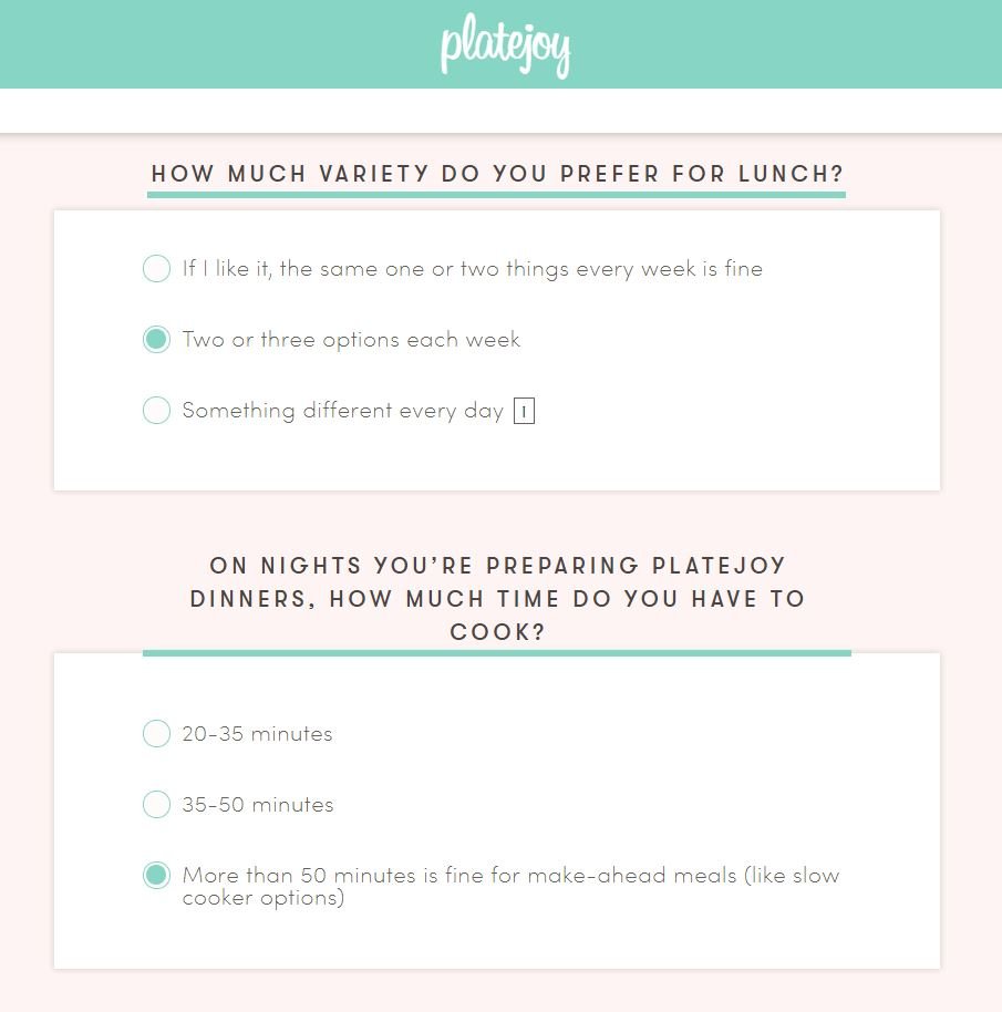 PlateJoy signup - tell about variety of lunch and time you have available to prepare meals.